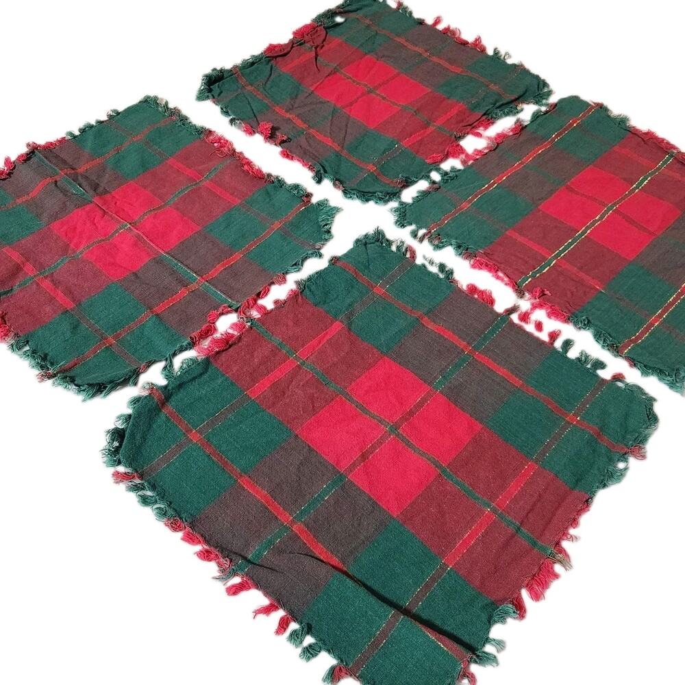 Vintage 1970s Plaid Christmas Holiday Cloth Napkins Fringe Set 4 Dining